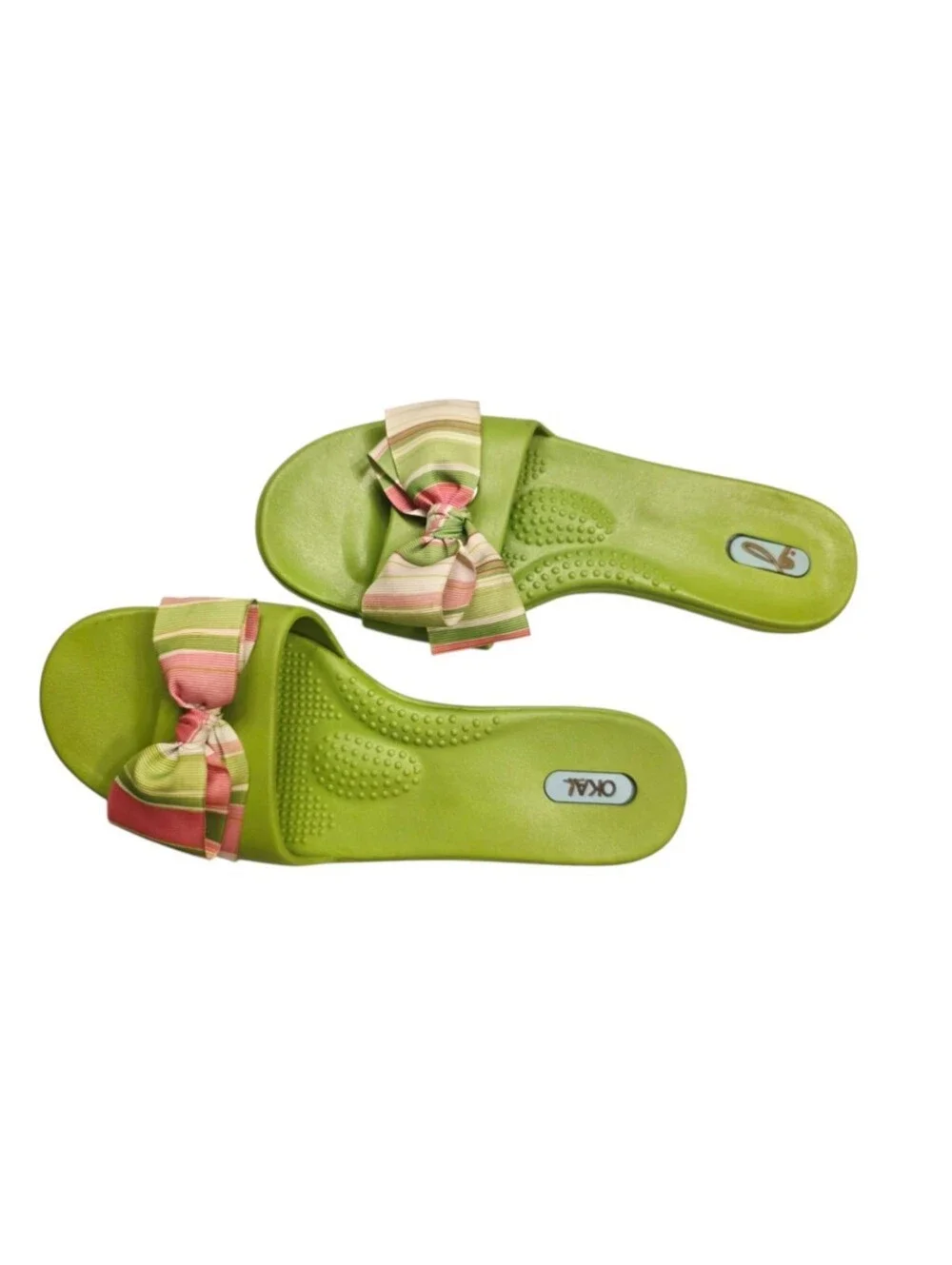 OKA b. Lime Green Slide Sandals with Pink and Cream Striped Bow